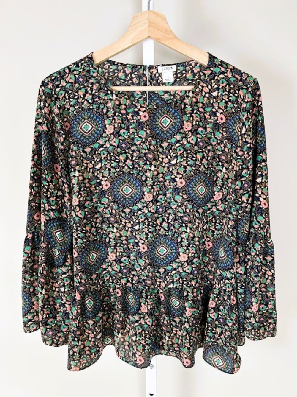 J. Crew Peplum Blouse Top Size L Medallion Floral Boho Bell Sleeve Keyhole